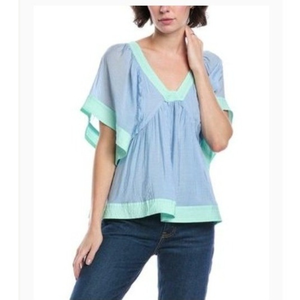 Anthropologie Flutter Sleeve Babydoll Top Blue‎ Mint Green V-Neck Blouse Medium